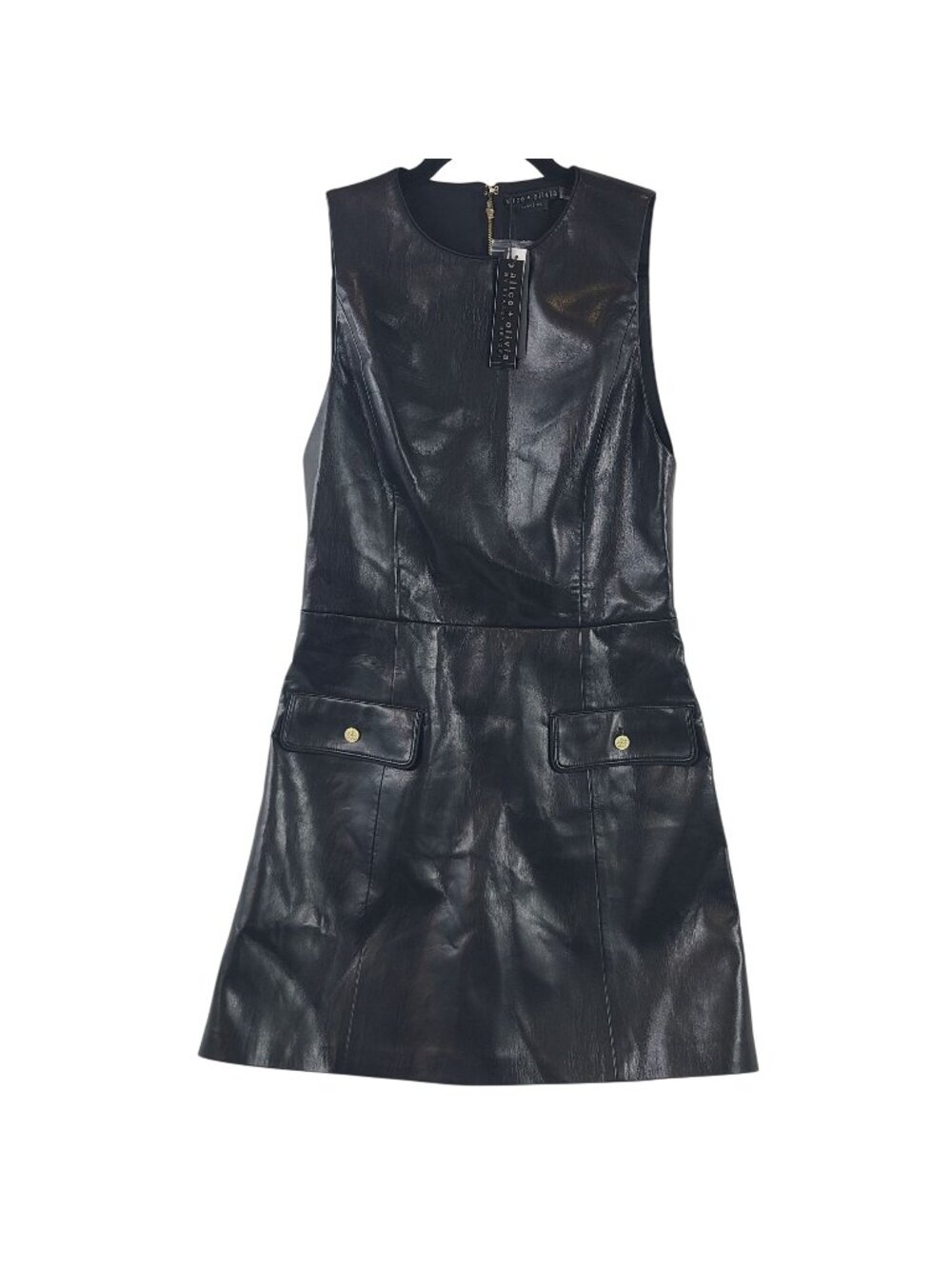 NEW Alice + Olivia Marcella Vegan Mini Dress Black Gold Accents Sz 12